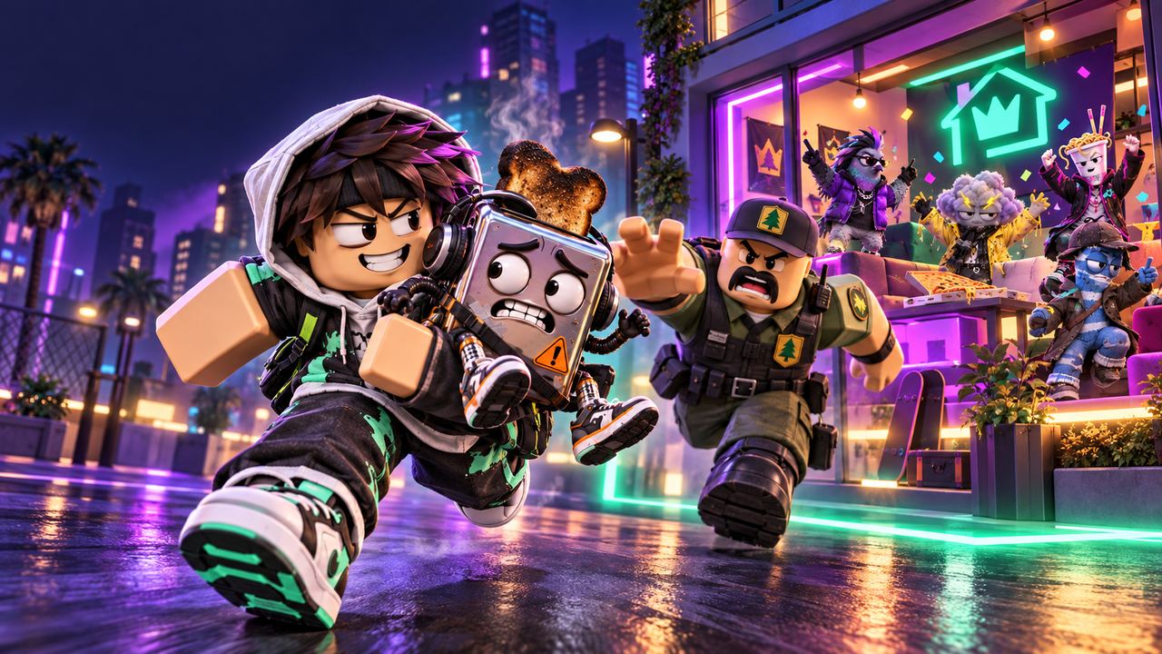 Steal a Roomie key art: a player carrying a hommie across the city at night