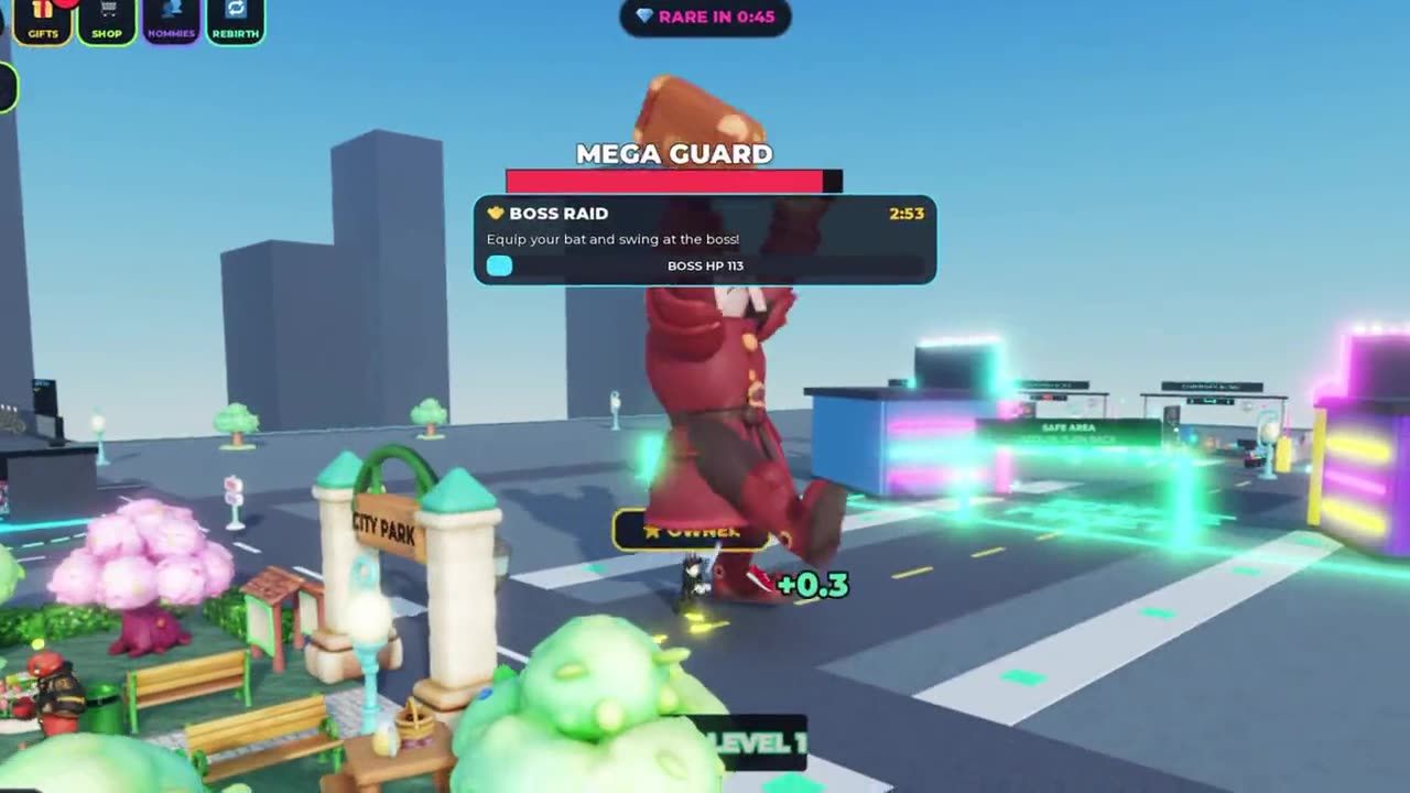 Players fighting the Mega Guard boss in the plaza